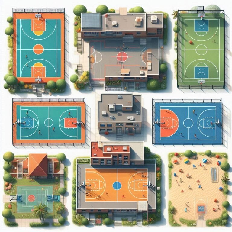 Diagram showing the dimensions of different basketball courts.