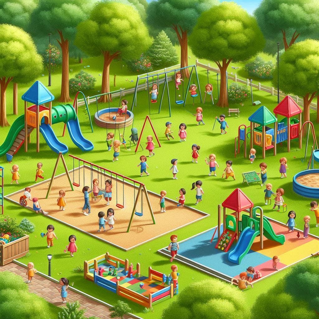 Children playing on safe, high-quality playground equipment, including climbing walls, swings, and slides, in a vibrant park setting.