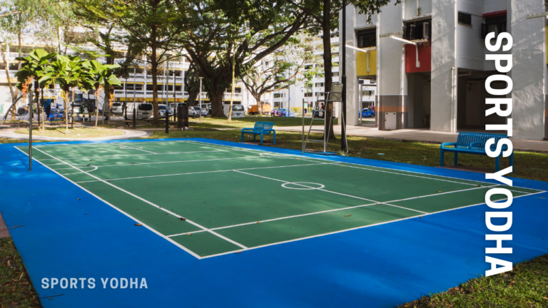 Outdoor badminton court with durable flooring designed for optimal performance and weather resistance.