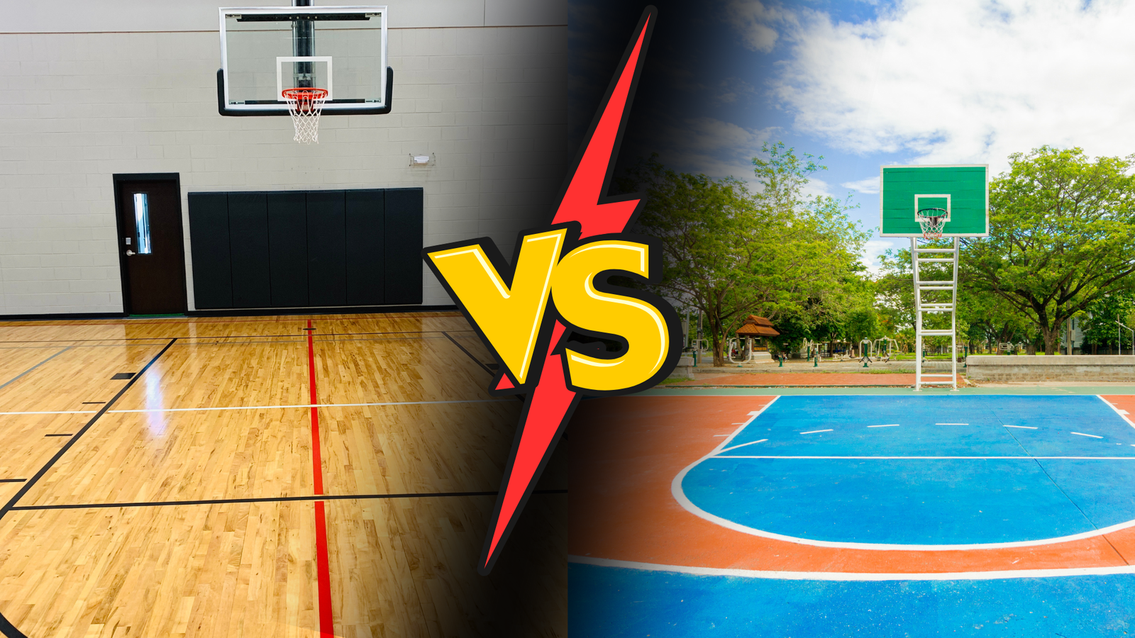 A close-up view of a basketball court, showcasing the contrast between hardwood and synthetic flooring surfaces.