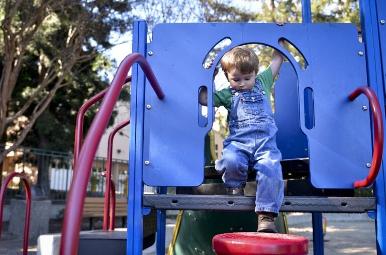 Children playing on a colorful playground with swings, slides, and climbing structures, highlighting common playground problems like crowding and safety.